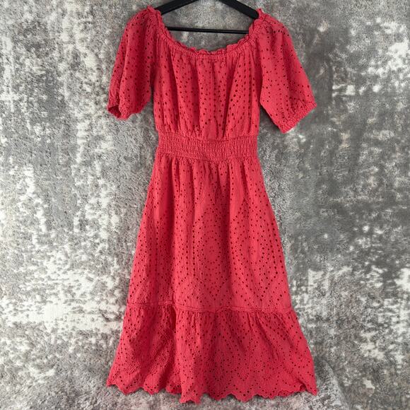 Betsey Johnson Sz M Eyelet Ruffle Party Elastic Waist Fit Flared Midi Dress Pink - Picture 1 of 10